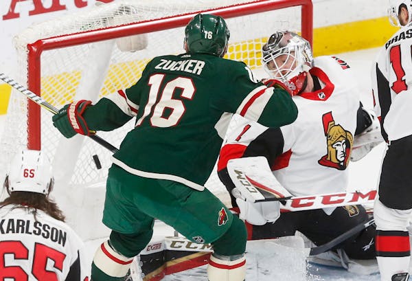The Wild's Jason Zucker scored his go-ahead goal against Senators goaltender Mike Condon in the third period of the Wild's 3-1 victory Monday at Xcel 