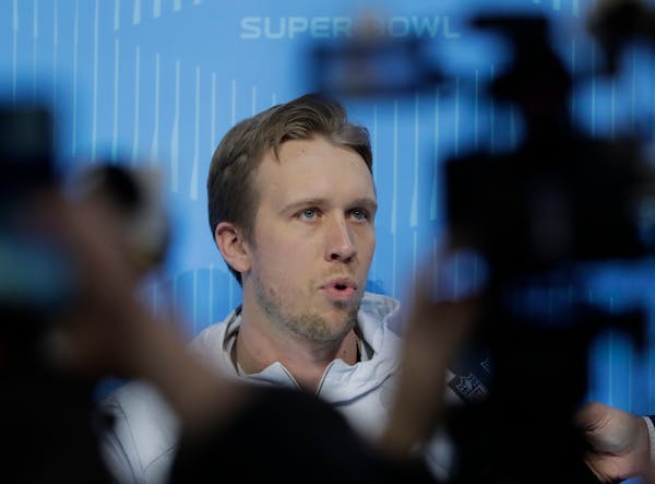Eagles quarterback Nick Foles talked during Super Bowl LII Opening Night at Xcel Energy Center on Monday night.