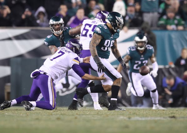 Vikings quarterback Case Keenum (7) fumbled the ball in the second quarter, forced by Eagles defensive end Derek Barnett (96). Chris Long recovered fo