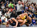 Apple Valley's Gable Steveson was awarded two points in a takedown of Simley's Daniel Kerkvliet tp take a 3-2 lead Friday night. Steveson won the matc