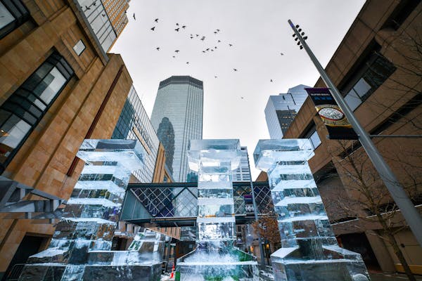An LII ice sculpture greets people at 6th Street and Nicollet Mall.