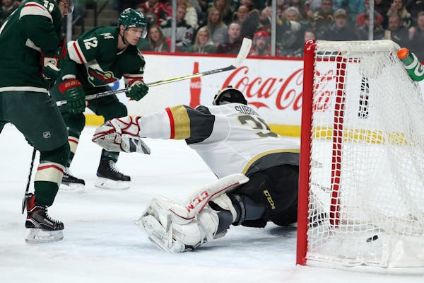 Vegas goaltender Malcolm Subban was unable to make the save as Wild center Eric Staal put the puck in past him in the first period.