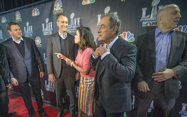 The NBC broadcasting team in town, which includes, from left, Chairman Mark Lazarus, broadcasters Cris Collinsworth, Michele Tafoya and Al Michaels an