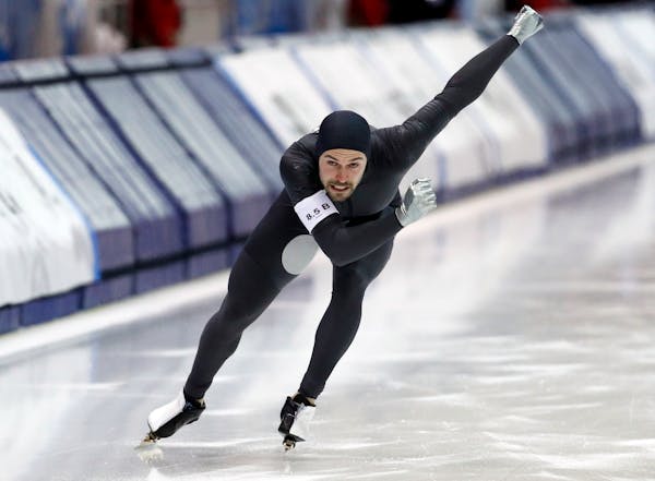 Mitchell Whitmore competes in the men's 500 meters during the U.S. Olympic long track speedskating trials in January.
