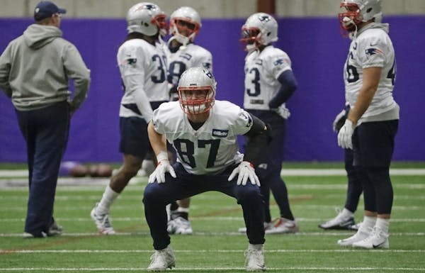 Rob Gronkowski warmed up Thursday with his teammates at Thursday’s practice at Winter Park in Eden Prairie. The star tight end has officially cleare