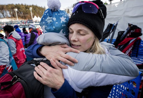 Jessie Diggins got a hug from her mother Deb at the end of the race. Diggins of Afton, MN finished fifth in the women's 10-kilometer freestyle at Alpe
