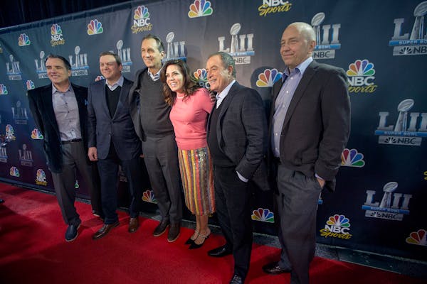 The NBC sports broadcasting team, from left, Fred Gaudelli, Mark Lazarus, Cris Collinsworth, Michele Tafoya, Al Michaels, and Drew Esocoff