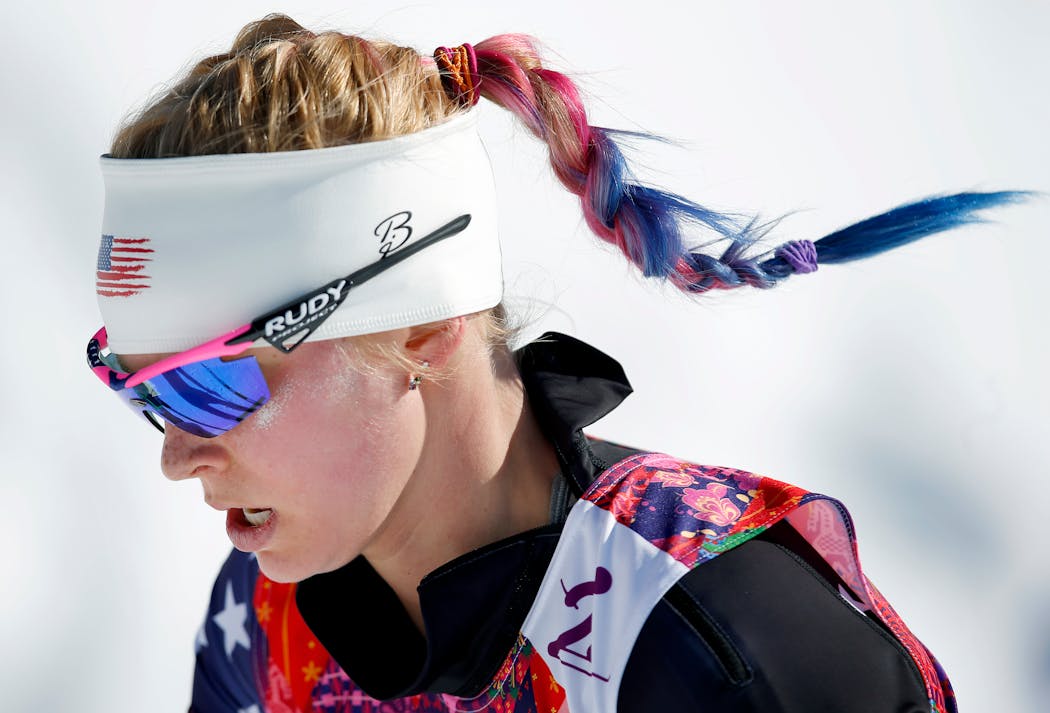 Jessie Diggins used a strong performance in the free portion of the women's skiathlon event in Sochi.