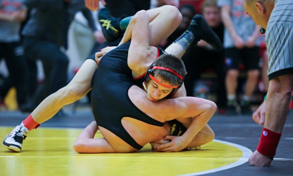 Shakopee's Ben Lunn at 113 wrestles Apple Valley's Regan Schrempp at 133 during the Minnesota State Section 2AA Team Wrestling Tournament on Friday, F