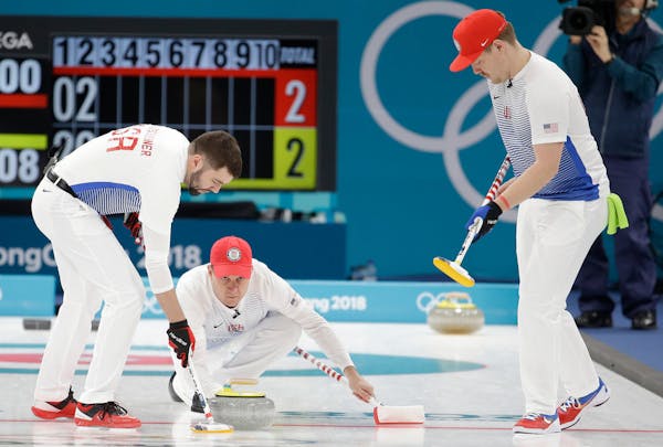 United States's skip John Shuster, center, throws a stone as teammates John Landsteiner, left, and Matt Hamilton prepare to sweep the ice during a men