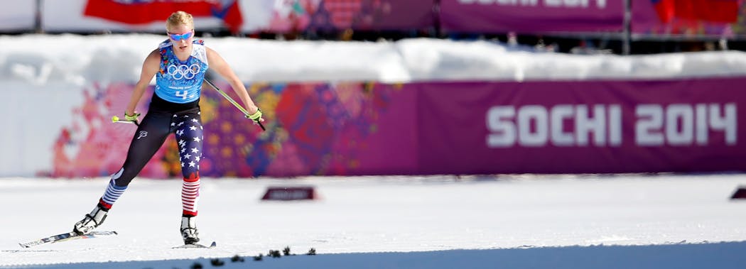 Jessie Diggins approached the finish line in the Women's 4 x 5km Relay in Sochi. The United States team of Diggins, Kikkan Randall, Sadie Bjornsen and Liz Stephen placed ninth.