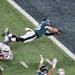 Philadelphia Eagles tight end Zach Ertz (86) rolls into the end zone for the touchdown in the fourth quarter of Super Bowl LII. The touchdown put the 