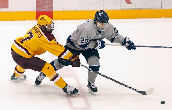Brannon McMannus battles with Denis Smirnov during a Gophers vs. Penn State men's hockey game earlier this season. The Nittaly Lions won 5-1 on Friday