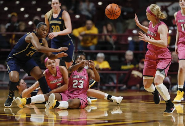 The Gophers' Kenisha Bell passed to Carlie Wagner (33) earlier this month vs. Michigan.
