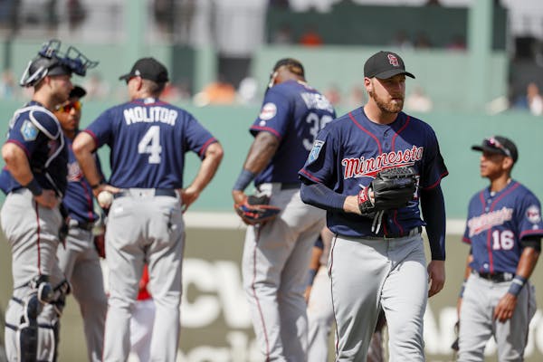 Twins starter Dietrich Enns left Friday’s game after giving up a two-run double to Jeremy Barfield of the Red Sox in the fourth inning.