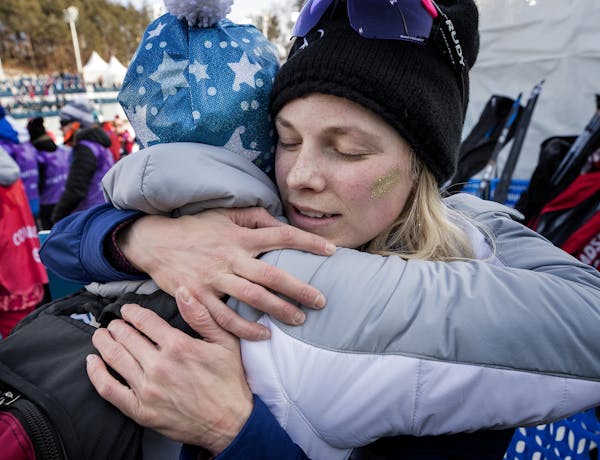 Jessie Diggins got a hug from her mother, Deb, at the end of the women’s 10-kilometer free at Alpensia Cross-Country Centre in the Winter Games. ] C