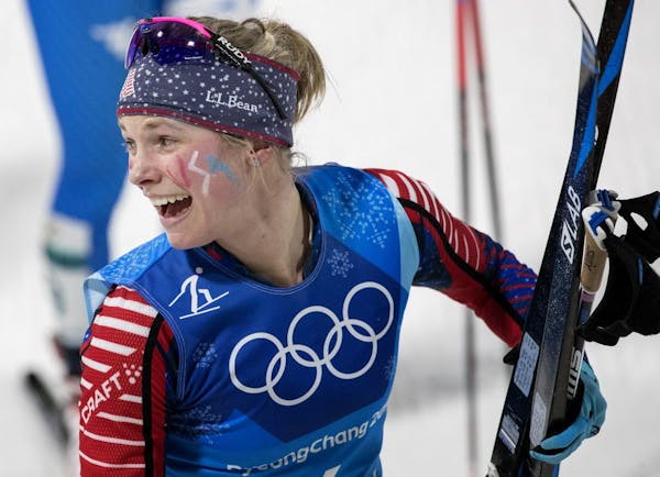 Jessie Diggins at the end of the Women's 4x5km Relay at Alpensia Cross-Country Centre. The USA finished in fifth place.