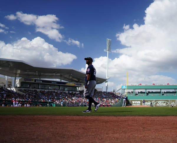 Eddie Rosario made his way to left field during the Twins’ 4-3 loss to Boston on Friday to open Grapefruit League play at JetBlue Park in Fort Myers