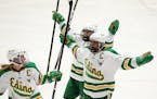 Edina High School forward Emily Oden (16) celebrated after scoring in the third period.