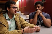 Rohan Mukherjee, left, a libertarian, and Sharaka Berry, right, a liberal, discussed how they're working to bring those with differing political views