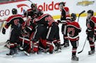 Alexandria Area High School players piled on top of Alexandria Area High School goaltender Jackson Boline (30) after the loss to Orono High School. ] 