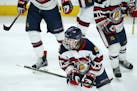Orono High School forward Landon Wittenberg (13) celebrated with his teammates after scoring in the third period. ] ANTHONY SOUFFLE � anthony.souffl
