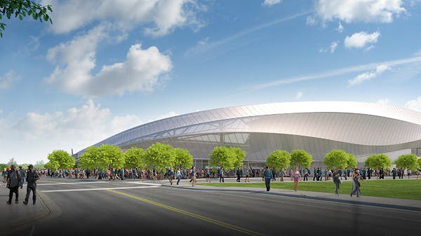 Illustration of Minnesota United soccer stadium under construction in St. Paul.