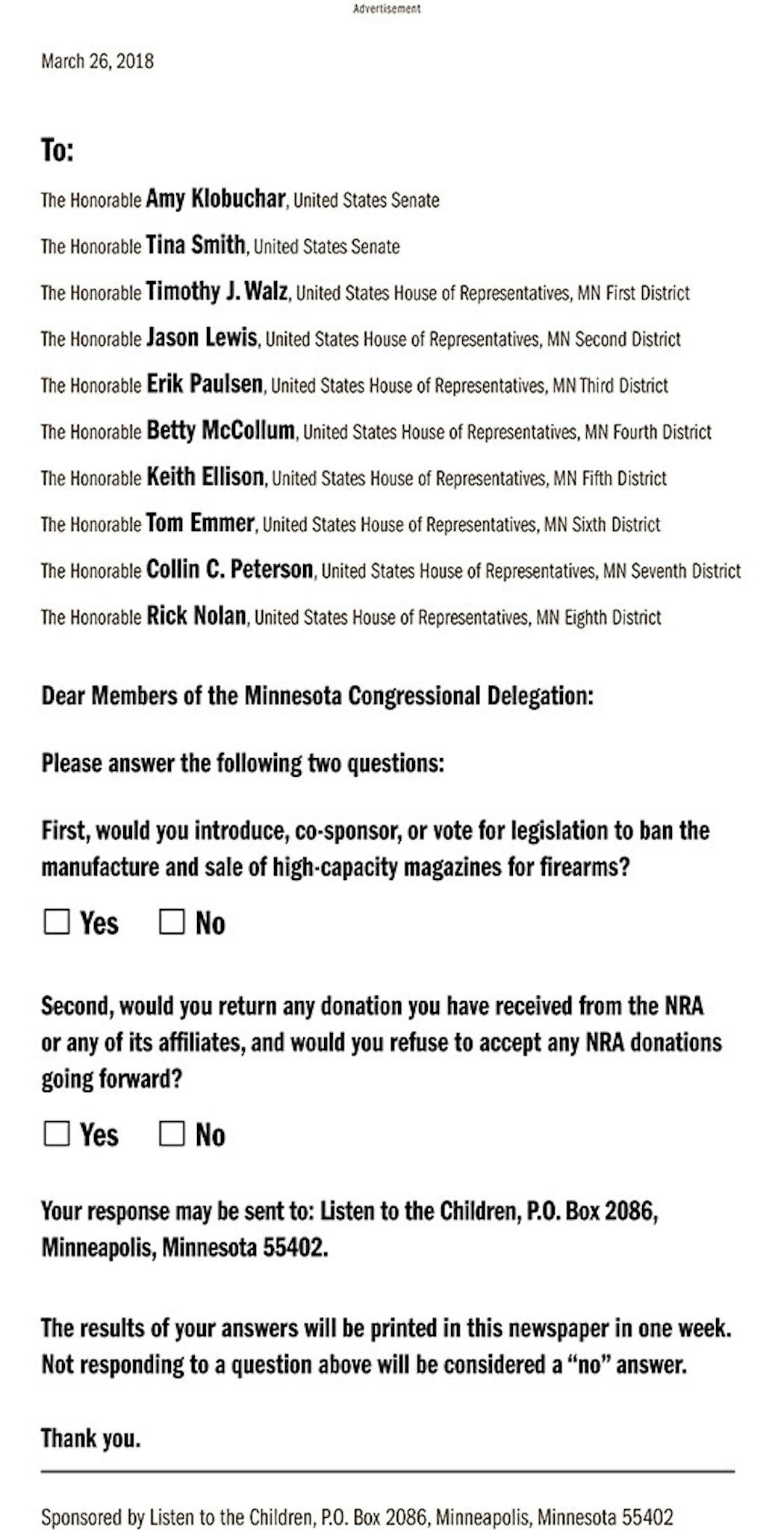 A full page ad supporting gun control measures paid for by a group called Listen to the Children appeared in Monday's print edition of the Star Tribune. 