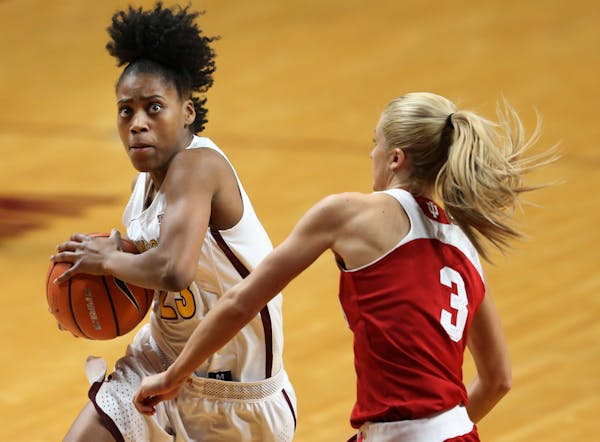Minnesota Golden Gophers guard Kenisha Bell (23) drove to the basket over Indiana Hoosiers guard Tyra Buss (3) at Williams Arena Tuesday Feb 20, 2018 
