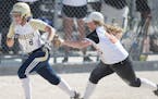 Farmington's Emma Frost tagged out Chanhassen's Kali O'Keeffe during the first inning of the Girls softball state tournament at Caswell Park, Thursday