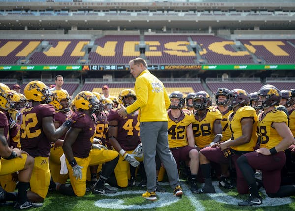 Gophers head coach P.J. Fleck addressed his team after the 2017 spring game, his first as Gophers coach. The game was played on April 17 last year.