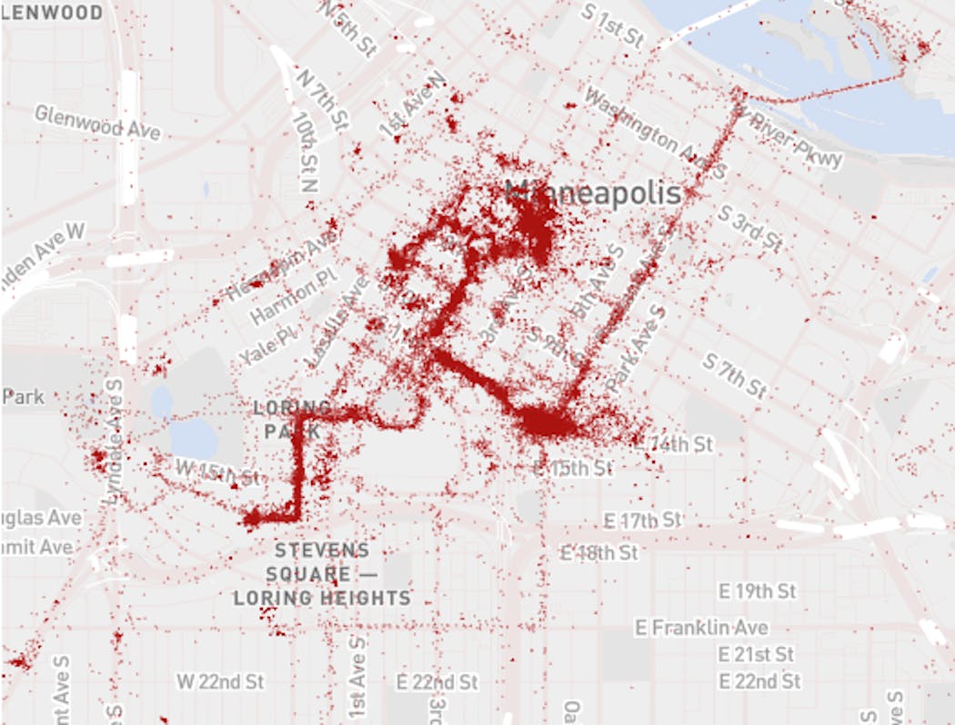 The tiny red dots sample more than 300,000 data points collected by Google Location History, each representing a single location throughout the year 2017.