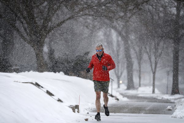 Mike Wickman of Minneapolis, who works in St. Paul, goes for a lunch break run in the snow on Summit Avenue in St. Paul.