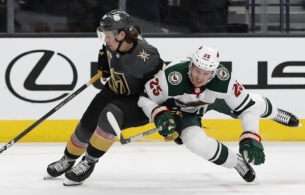 Vegas’ Erik Haula and the Wild’s Jonas Brodin (25) showed equal intensity when the teams met March 16, but success rates haven’t been equal. The