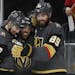 Golden Knights defenseman Shea Theodore (27), center Jonathan Marchessault and right wing Alex Tuch (89) celebrated Tuch’s goal against San Jose in 