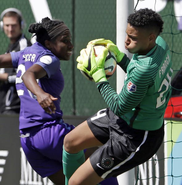 Portland keeper Adrianna Franch, right, stopped a shot in 2017. The Thorns remain the big success story in the NWSL.