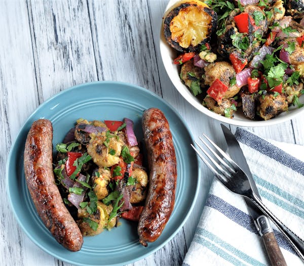 Grilled Sausages and Smashed Potato Salad.