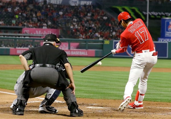 Angels' Shohei Ohtani hit an RBI double against Twins righthander Jose Berrios during the third inning Thursday night in Anaheim, Calif.