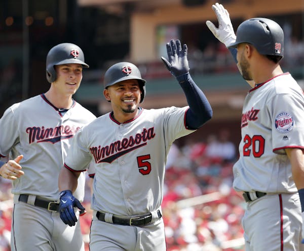Minnesota Twins' Eduardo Escobar (5) is congratulated by teammates Max Kepler, left, and Eddie Rosario (20) after hitting a two-run home run during th