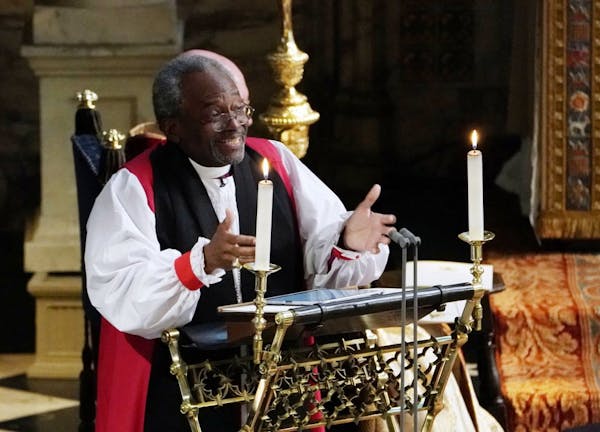 The Most Rev Bishop Michael Curry, primate of the Episcopal Church, speaks during the wedding ceremony of Prince Harry and Meghan Markle at St. George