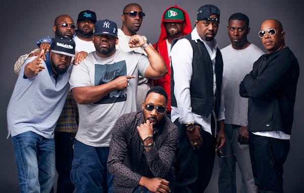 RZA (kneeling in front) and Raekwon (in Nike shirt) with the rest of the Wu-Tang Clan, which emerged out of the projects of Staten Island, N.Y., in th