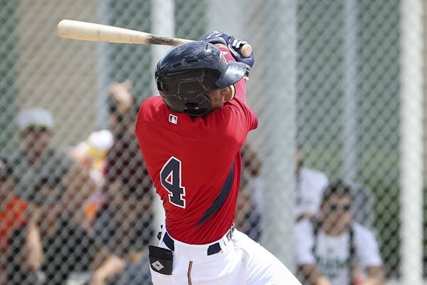Minnesota Twins first overall pick Royce Lewis grounds out in the first inning during the game against Boston in Fort Myers, Fla. on Friday, July 14, 
