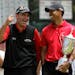 In this June 16, 2008, file photo, Rocco Mediate joked with Tiger Woods following Woods' U.S. Open championship victory at Torrey Pines Golf Course in
