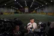 In this December 2016 file photo, University of Minnesota athletic director Mark Coyle spoke to the media about the suspensions of 10 Gophers football