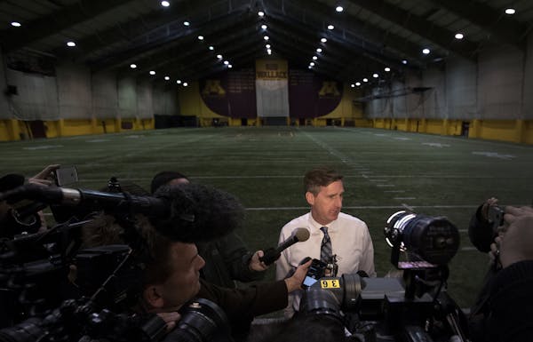 In this December 2016 file photo, University of Minnesota athletic director Mark Coyle spoke to the media about the suspensions of 10 Gophers football