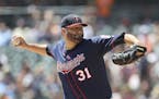 Minnesota Twins starting pitcher Lance Lynn throws during the first inning of a baseball game against the Detroit Tigers, Thursday, June 14, 2018, in 
