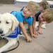 Children including Logan Hoyt, left, and Jude Riley, right, of Lakeville, MN, laid on “Gideon the comfort dog,” as he went on a walk with Pam Lien