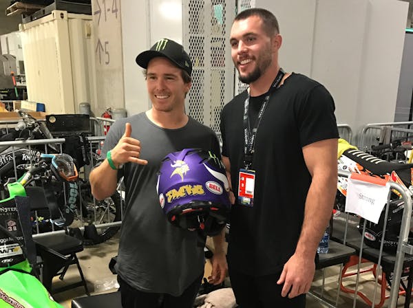 Vikings safety Harrison Smith, right, posed with Jackson Strong at the X Games on Saturday at U.S. Bank Stadium.