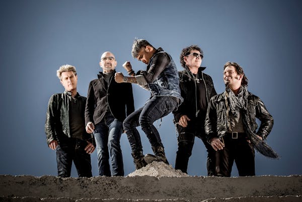 Journey’s current lineup includes, from left, bassist Ross Valory, drummer Steve Smith, lead vocalist Arnel Pineda, guitarist Neal Schon and keyboar