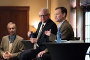 Republican Jeff Johnson, right, and DFLer Tim Walz, center, debated at Grand View Lodge in Nisswa, Minn., Friday. KSTP's Tom Hauser, left, was the mod